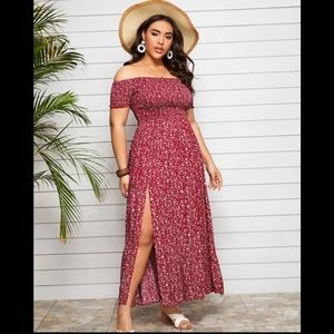 Red off shoulder shirred split daisy dress